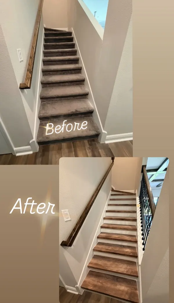 Staircase remodel, carpet stairs refinished with wood treads, before and after