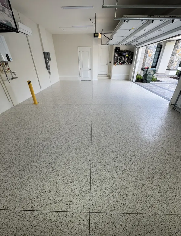 Gray flake epoxy two-car garage floor