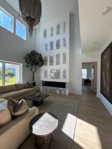 Two-story fireplace feature wall build in progress