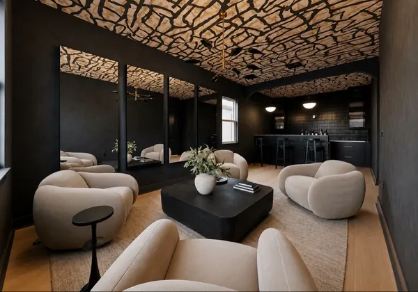 Renovated sitting room with black walls, patterned ceiling, mirrored wall and rounded cream lounge chairs
