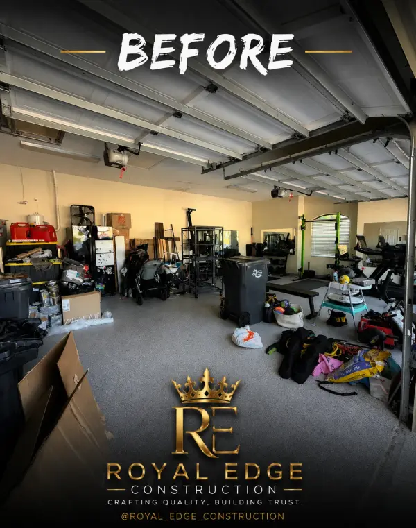 Cluttered garage before its conversion into a home gym