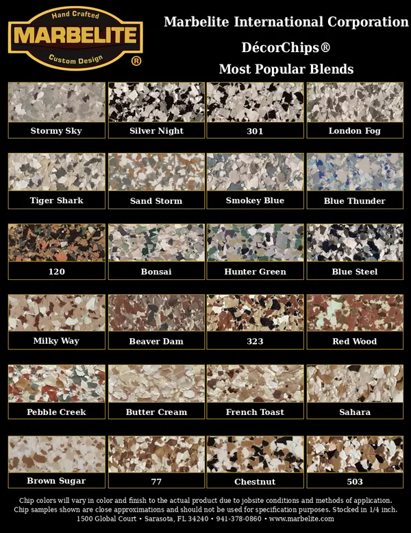 Marbelite DécorChips most popular epoxy flake blends chart