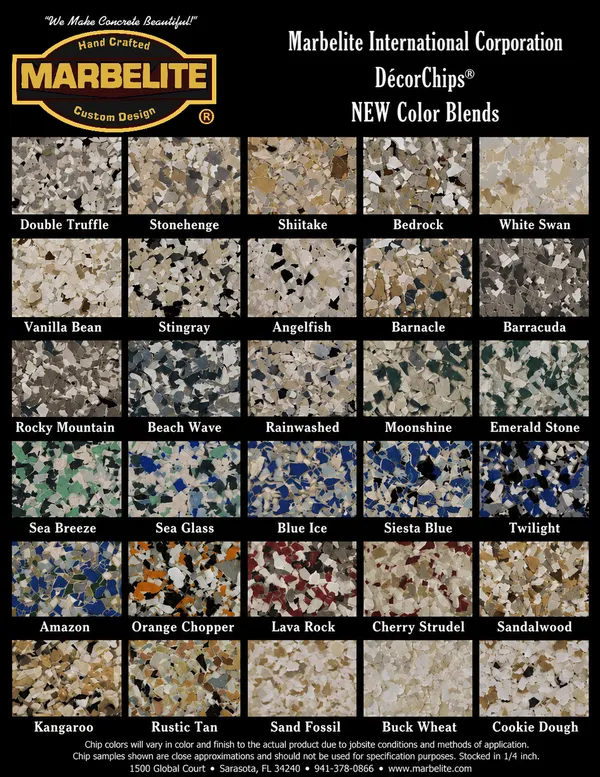 Marbelite DécorChips new epoxy flake color blends chart