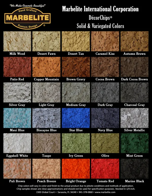 Marbelite DécorChips solid and variegated epoxy flake color chart