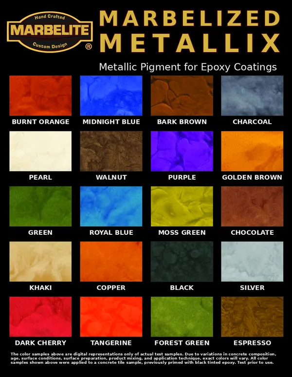 Marbelized Metallix metallic pigment color chart for epoxy coatings