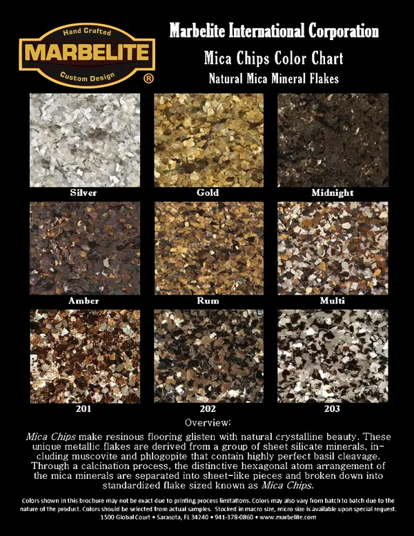 Marbelite Mica Chips natural mineral flake color chart