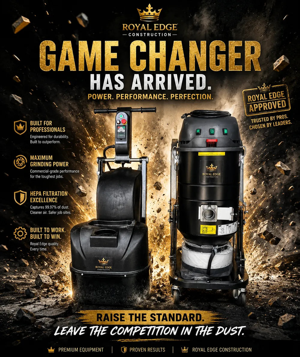 Royal Edge Construction's commercial planetary concrete floor grinder and HEPA dust-extraction system